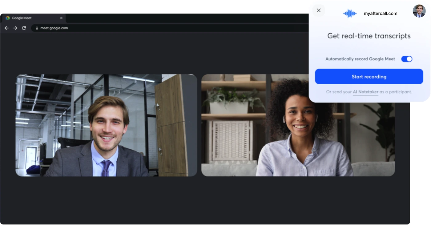 myaftercall Chrome extension detecting a meeting and ready to record